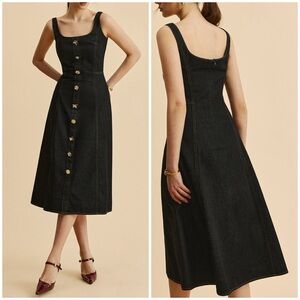 NWT Commense Denim Jean Button Front Midi Dress Square Neck A Line Sz S